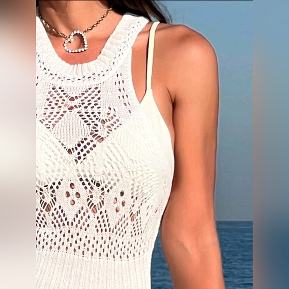 New Boho Crochet Knit Maxi Split Cover Up Dress White - Picture 2 of 8